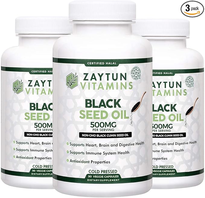 Halal Black Seed Oil (3-Pack) Cold-Pressed Nigella Sativa, Supports Heart, Brain, Joints, Immune Health, Non-GMO, Made in USA - Halal Vitamins