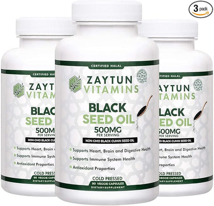 Halal Black Seed Oil (3-Pack) Cold-Pressed Nigella Sativa, Supports Heart, Brain, Joints, Immune Health, Non-GMO, Made in USA - Halal Vitamins