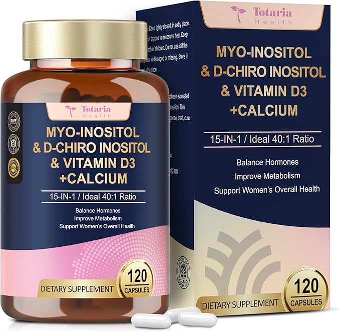 Myo-Inositol & D-Chiro Inositol for Women, 2050 mg inositol Supplement w/DIM, Ashwagandha, Folate, Vitamin D, Calcium, Ideal 40:1 Ratio, for Hormone Balance, Ovarian Function*, Overall Health, 120 Ct