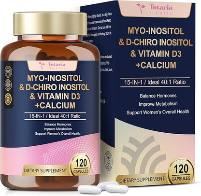 Myo-Inositol & D-Chiro Inositol for Women, 2050 mg inositol Supplement w/DIM, Ashwagandha, Folate, Vitamin D, Calcium, Ideal 40:1 Ratio, for Hormone Balance, Ovarian Function*, Overall Health, 120 Ct