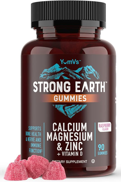 YUM-V'S Calcium, Magnesium, Zinc & Vitamin D Gummies, Cal Mag Chewable Supplement, Vegetarian Kosher Halal Natural Raspberry Flavor Gummies for Adults Women & Men - 90 Count (Pack of 2)