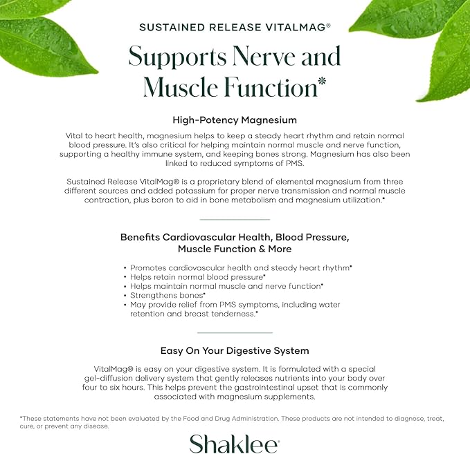 Shaklee -Sustained Release VitalMag - Magnesium Supplement for Nerve, Muscle, and Heart Health - Potassium & Boron Blend - Supports Cardiovascular Health - Easy Digestion - 30 Tablets