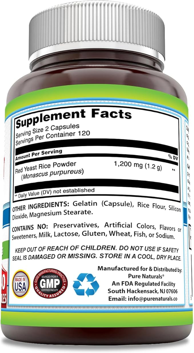 Pure Naturals Red Yeast Rice 1200 Mg per Serving, 240 Capsules Supplement | Non-GMO | Gluten Free | Made in USA