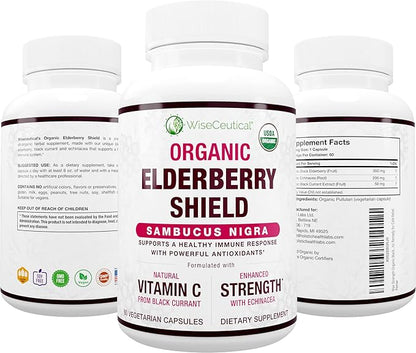 Max Strength USDA Organic Black Elderberry, Black Currant Extract & Echinacea | 3 in 1 Natural Immune Support & Vitamin C | Sugar-Free, Vegan-Friendly | Homeopathic Remedy | 60 Count