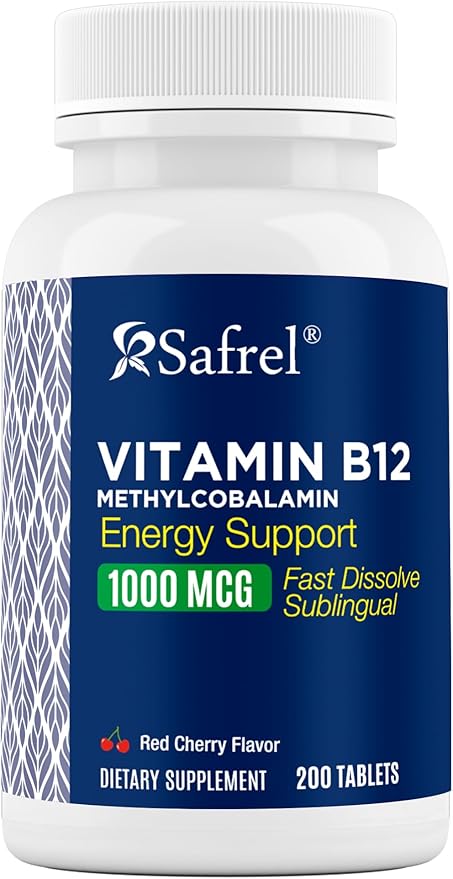Safrel Vitamin B12 1000 mcg Methylcobalamin, 200 Fast Dissolve Tablets, Easy to Take Sublingual B12 Cherry Flavor, 200 Day Supply