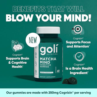 Goli Matcha Mind Gummies - 180 Count - Green Tea Leaves Powder with Cognizin for Focus, Attention and Brain Health, Vegan, Non-GMO, Gluten-Free & Gelatin Free.