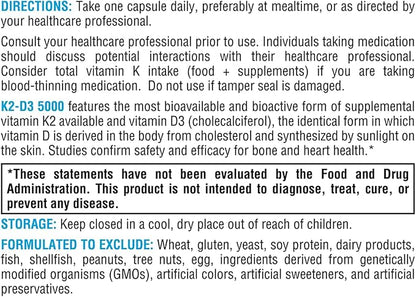 XYMOGEN K2-D3 5000 - Vitamin D3 K2 - Bioavailable Vitamin D 5000 IU (Cholecalciferol) with MK-7 - Heart, Arterial, Bone Health + Immune Support Supplement (60 Capsules)