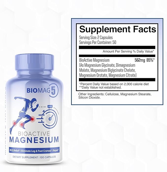 BioMag 5 Magnesium Supplement – 5 Magnesium Complex Formula with Glycinate, Malate, Bisglycinate Chelate, Orotate, Citrate – 100 Capsules