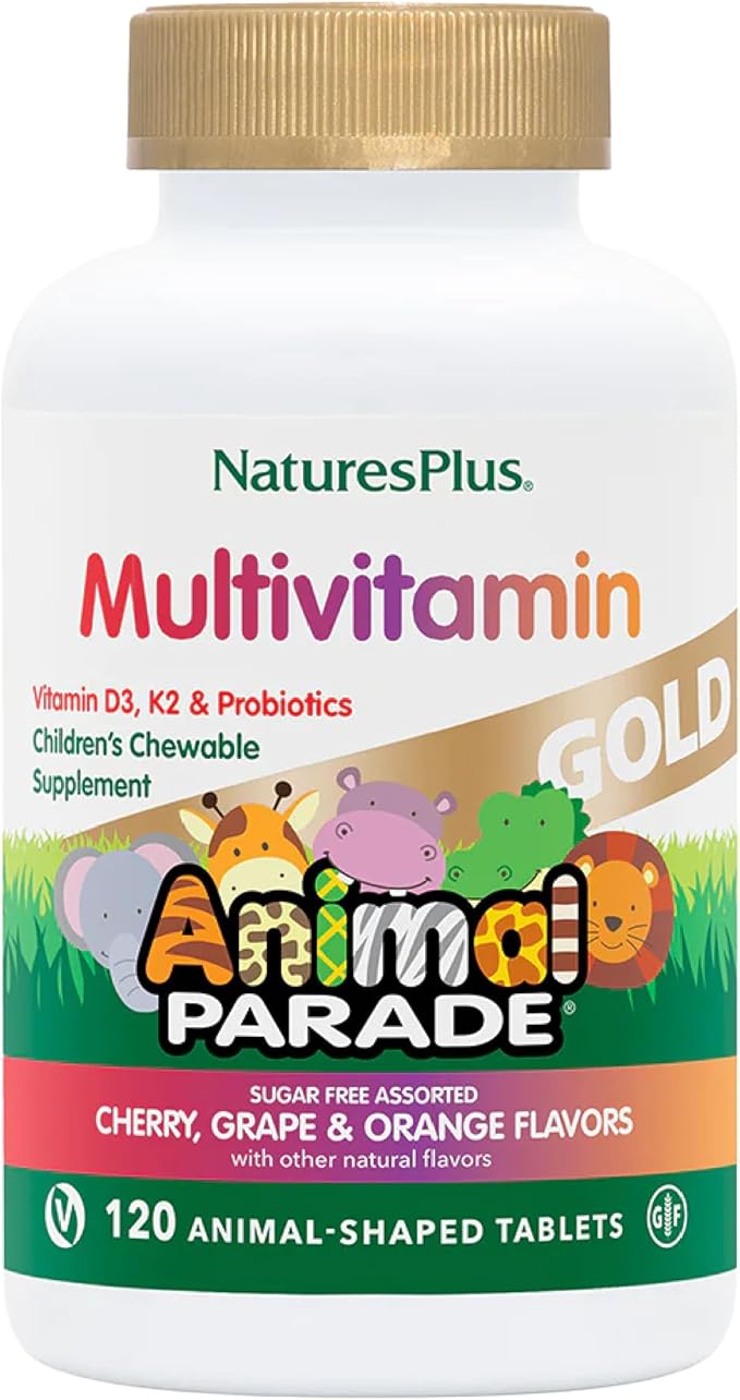 Natures Plus Animal Parade Gold Children's Multivitamin - 120 Animal-Shaped Chewable Tablets - Assorted Cherry, Orange & Grape Flavors - Vegan, Gluten Free - 60 Total Servings