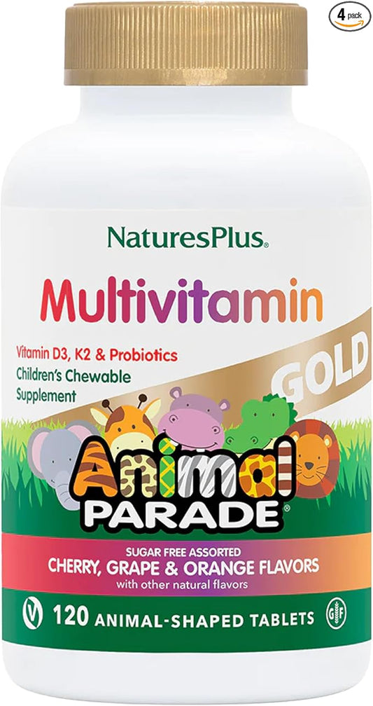 NaturesPlus Animal Parade Gold Children's Multivitamin - Assorted Cherry, Orange & Grape Flavors - 120 Animal-Shaped Chewable Tablets, Pack of 4 - Vegan, Gluten Free - 240 Total Servings