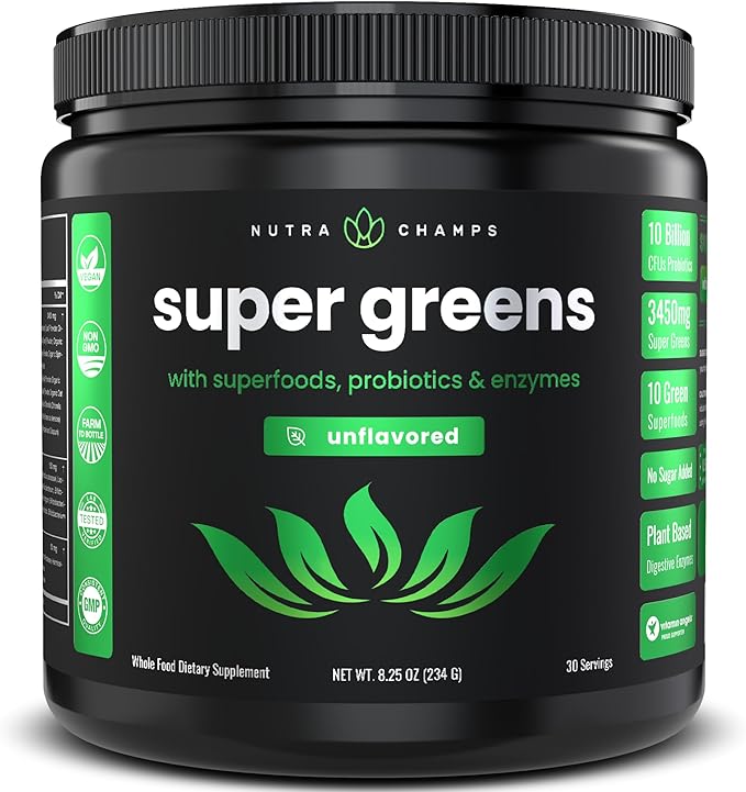 NutraChamps Super Greens Powder Premium Superfood | 20+ Organic Green Veggie Whole Foods | Wheat Grass, Spirulina, Chlorella | Antioxidant, Digestive Enzyme & Probiotic Blends (9.0 Oz, Unflavored)