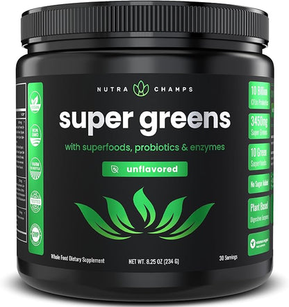 NutraChamps Super Greens Powder Premium Superfood | 20+ Organic Green Veggie Whole Foods | Wheat Grass, Spirulina, Chlorella | Antioxidant, Digestive Enzyme & Probiotic Blends (9.0 Oz, Unflavored)