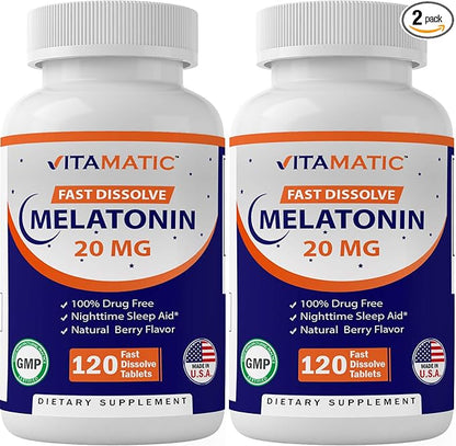 Vitamatic 2 Pack Melatonin 20 mg Fast Dissolve 120 Tablets - Natural Berry Flavor | Vegetarian, Non-GMO, Gluten Free (Total 240 Tablets)