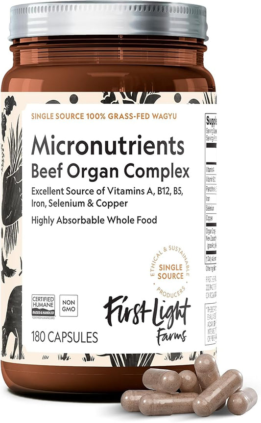 First Light Farms Freeze-Dried Wagyu Beef Organ Supplement Grass-Fed | 180 Capsules | Whole Food Nutrition with Liver, Heart, Kidney & Spleen | Beef Organ Complex, Certified Humane
