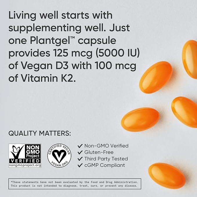 Sports Research® Vitamin D3 + K2 with Coconut MCT Oil | Vegan D3 5000 IU with K2 100 mcg for Bone & Immune Health | Vegan Certified, Soy & Gluten Free - 120 Softgels