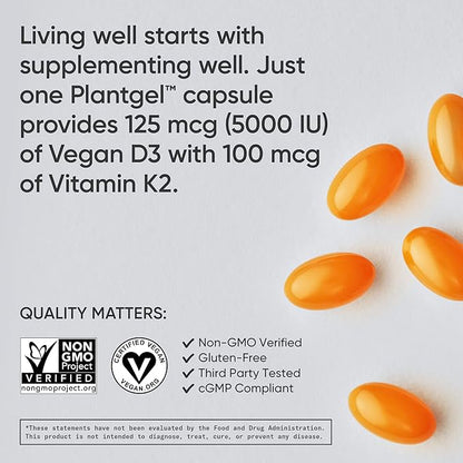 Sports Research® Vitamin D3 + K2 with Coconut MCT Oil | Vegan D3 5000 IU with K2 100 mcg for Bone & Immune Health | Vegan Certified, Soy & Gluten Free - 120 Softgels