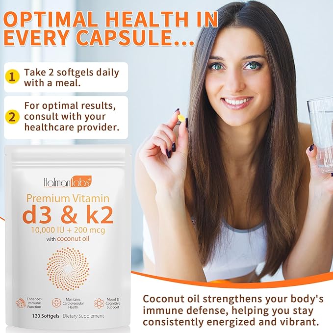 Vitamin D3 K2 Softgel 120pcs with Coconut Oil Support Immune, K2 D3 Vitamin Supplement Fast Absorption, D3 K2 Vitamin 10000IU, Promotes Healthy Bones, Non-GMO