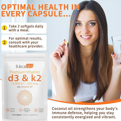 Vitamin D3 K2 Softgel 120pcs with Coconut Oil Support Immune, K2 D3 Vitamin Supplement Fast Absorption, D3 K2 Vitamin 10000IU, Promotes Healthy Bones, Non-GMO