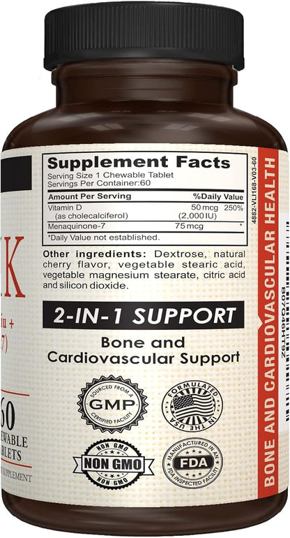 Bonex K Supplement|Vitamin D & K Complex|Supports Heart, Bones & Teeth Health|2000IU Vitamin D3 & 75mcg Vitamin K2|Non-GMO|Small & Easy to Swallow|60 Day Supply Chewable Tablets