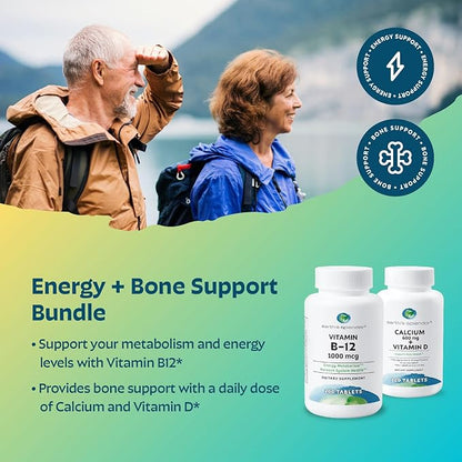 Earth's Splendor Energy + Bone Support Energy Bundle: Vitamin B12 & Calcium+Vitamin D Bundle. Gluten Free, No Artificial Flavors or Colors, Helps Energy Metabolism & Bone Health