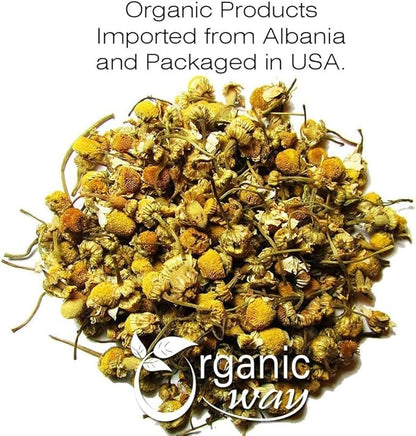 Organic Way Chamomile Flower Whole (Matricaria chamomilla) - Herbal Tea | European Wild-Harvest | Kosher & USDA Certified | Vegan, Non-GMO & Gluten Free | 100% Raw from Albania (2Oz)