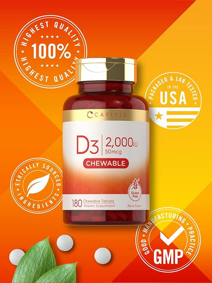 Carlyle Chewable Vitamin D3 2000 IU (50mcg) Tablets | 180 Count | Berry Flavor | Vegetarian, Non-GMO and Gluten Free