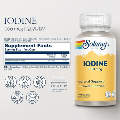 Solaray Iodine 500 mcg, Iodine Supplement for Healthy Adrenal and Thyroid Support, Energy, Metabolism, and Focus, Potassium Iodide, Vegan, 60-Day Money-Back Guarantee, 30 Servings, 30 VegCaps