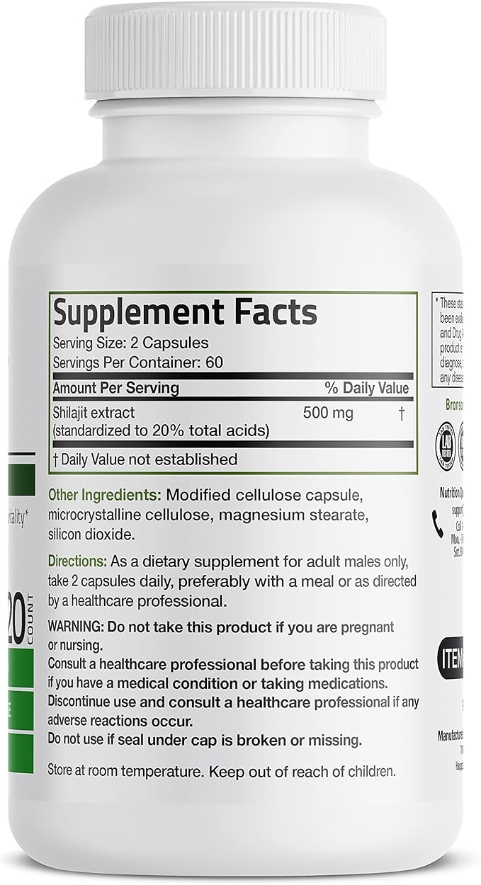 Bronson Shilajit Extract 500 MG Per Serving, Supports Energy Production & Vitality, Standardized to 20% Total Acids, Non-GMO, 120 Vegetarian Capsules