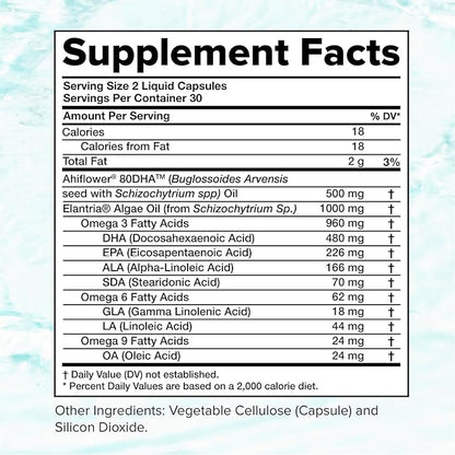 Vegan Omega 3 Supplement- 960mg Omega-3 Fatty Acids, DHA, EPA, SDA, ALA Supplement - Immune Support- 30 Servings, 60 Liquid Capsules