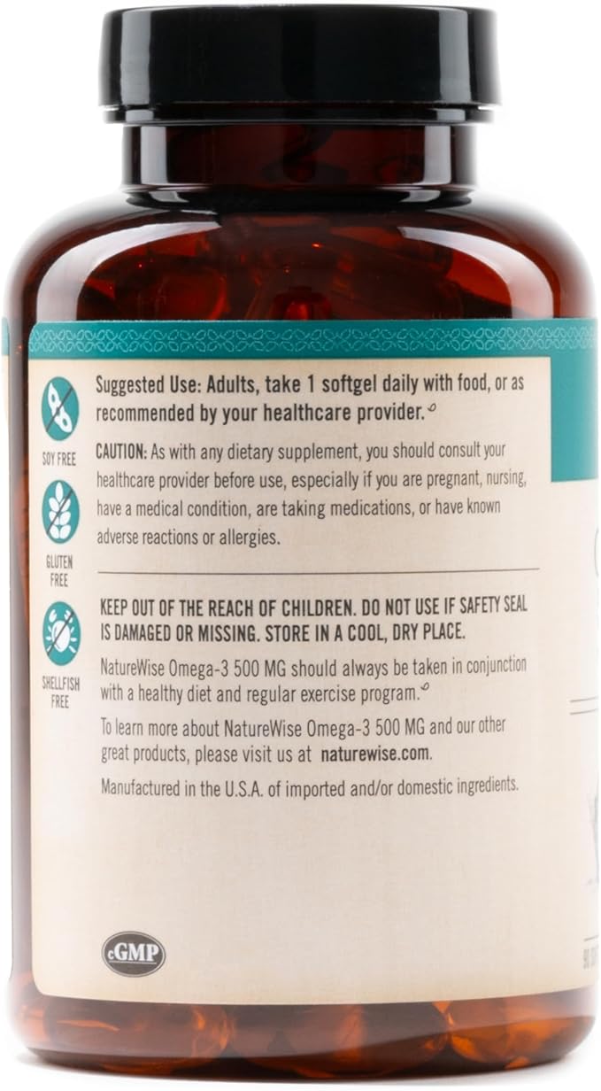 NatureWise Omega 3 Fish Oil - 500 mg per Pill - EPA & DHA - Support for Immune Health & Cognitive Function - Wild-Caught, Gluten and Soy Free, Non-GMO - 90 Softgels[3-Month Supply]