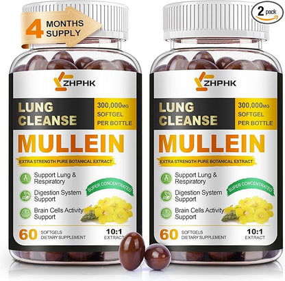 Mullein Leaf Extract for Lungs Softgels, Lung Detox Cleanse Respiratory Lung Support, Herbal Supplements for Smokers, Vegan, Non-GMO, Immune Digestive Support, 120-Count, 120 Days Supply