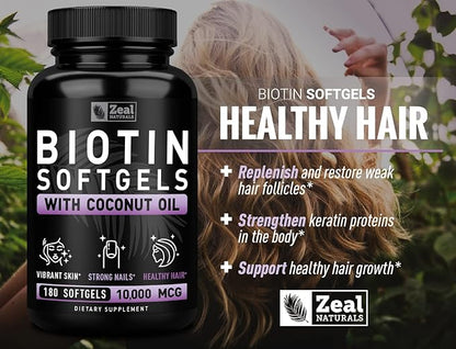 Zeal Naturals Biotin with Coconut Oil for Hair 10000mcg (180 Softgels) Biotin Supplement - Biotin Pills for Hair Skin and Nails Vitamins for Women Biotin Capsules for Men Hair Growth 6 mo Supply
