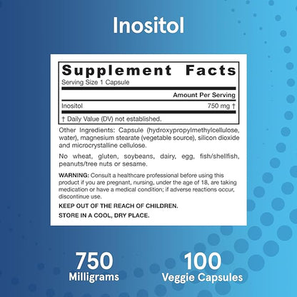 Jarrow Formulas Inositol 750 mg, Dietary Supplement, Liver Support for Cellular Health and General Wellness, 100 Veggie Capsules, Up to a 100 Day Supply
