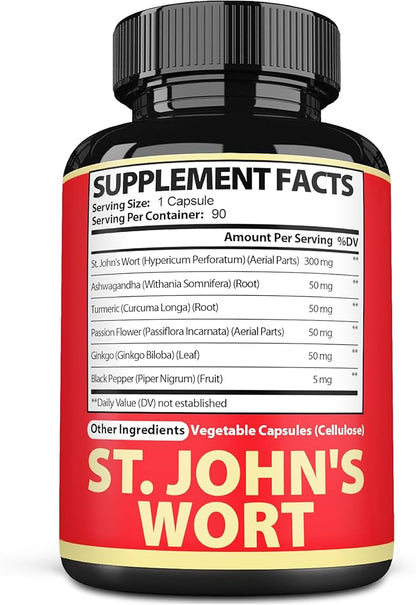 Satoomi St. John's Wort Capsules Extract Supplement - 6 Herbs Equivalent 5050 mg - Emotional Balance, Joyful Mood & Mood Support - 1 Pack 90 Veggie Caps 3-Month Supply