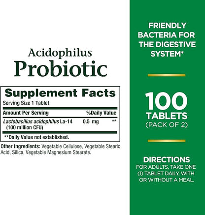 Nature's Bounty Acidophilus Probiotic, Daily Probiotic Supplement, Digestive Health, 200 Tablets, Twin Pack