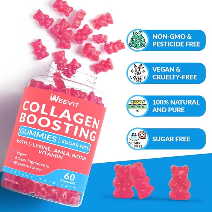 Collagen Boosting Gummies, Vegan Collagen Gummies for Women with L-Lysine, Amla, Biotin, Vitamin C, A, E, Collagen Booster Gummies Supplement for Hair Skin Nails & Joint