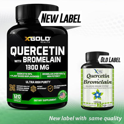 Quercetin + Bromelain 1,300mg – Quercetin: 95% - Highly Purified and Highly Bioavailable Plus Bromelain 2,400 GDU/g - Made in USA | 120 Caps