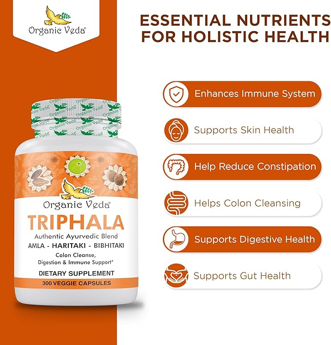 Organic Veda Triphala Powder 300 Capsules, 1000mg - Organic Triphala Supplement for Colon Cleanse, Immune, Gut & Digestion Health - Whole Green Antioxidants Amla, Haritaki & Bibhitaki - Vegan Pills