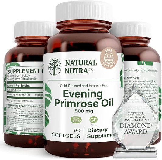 Natural Nutra Evening Primrose Oil Supplement from Fatty Acid, Nerve Health, Helps Reduce Skin Blemishes, Balance Body Secretions, Promote Heart Health, Skin Clarity, 500 mg, 90 Softgels