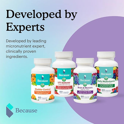 Because Brain Supplement for Memory & Focus - Proprietary Blend with Ginkgo Biloba - Supports Cognitive Function, Attention & Mental Clarity - Vegan, Gluten-Free, Non-GMO - 740mg Serving - 60 Capsules