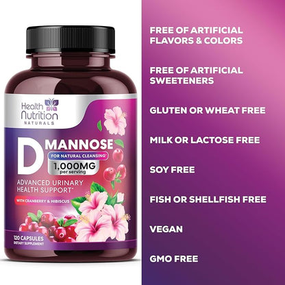 D-Mannose with Cranberry, Hibiscus & Dandelion 1350mg Advanced Formula – Urinary Tract Support Supplement for Women & Men – Flush & Cleanse Impurities – Non-GMO, Vegan for Women & Men – 120 Capsules