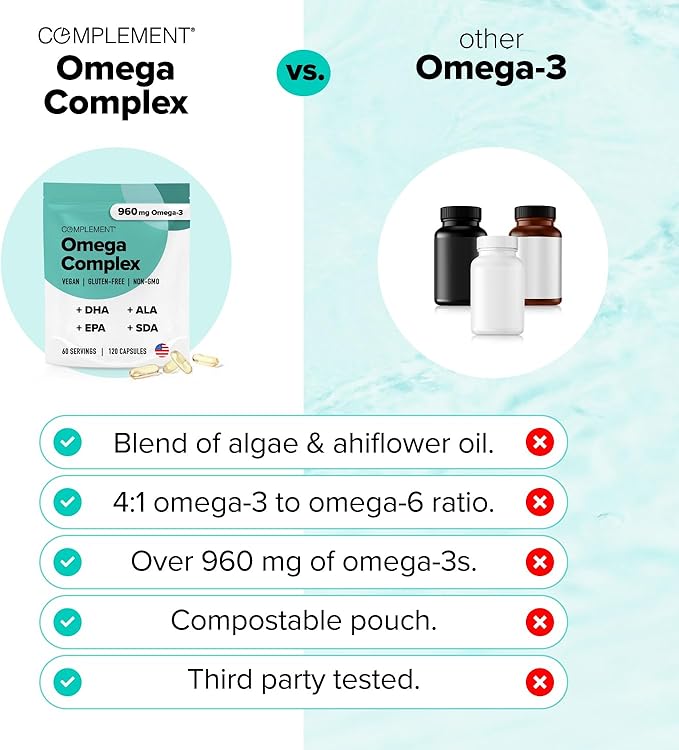 Complement Vegan Omega 3 Supplement- 960mg Omega-3 Fatty Acids, DHA, EPA, SDA, ALA Supplement - Immune Support- 60 Servings, 120 Liquid Capsules