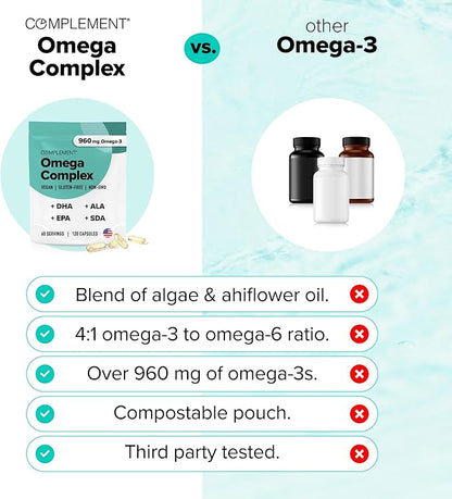 Complement Vegan Omega 3 Supplement- 960mg Omega-3 Fatty Acids, DHA, EPA, SDA, ALA Supplement - Immune Support- 60 Servings, 120 Liquid Capsules