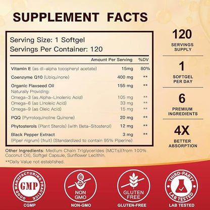CoQ10 400mg SoftGels COQ10 - CQ10 Coenzyme Q10 Supplement, Plus PQQ, Omega 3, and Vitamin E, for Heart and Cellular Energy, 120 Servings
