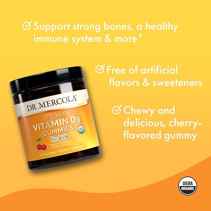 Dr. Mercola Organic Vitamin D3 Gummies for Kids, 30 Servings (30 Gummies), 1,000 IU, Natual Cherry Flavor, Dietary Supplement, Bone & Immune Support, Non-GMO - 2 Pack