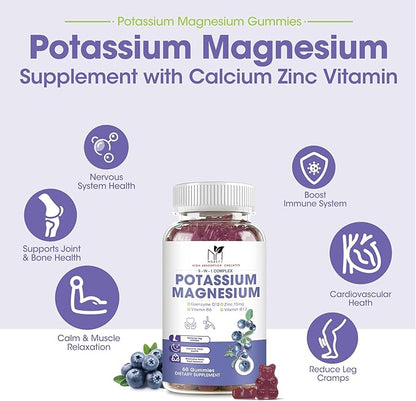 2 Pack Potassium Magnesium Gummies, Sugar-Free Potassium Gummies with Magnesium Glycinate 500mg Chewable Magnesium Potassium Supplements with Calcium, Zinc, Vitamin for Leg Cramps & Muscle