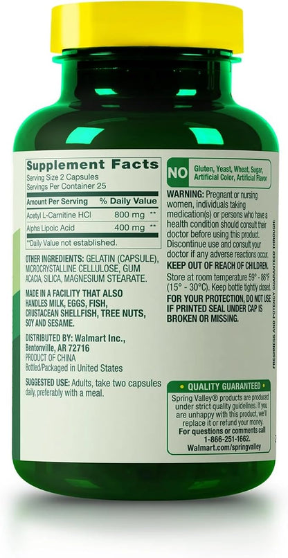 Spring Valley Acetyl L-Carnitine HCI 400 mg + Alpha Lipoic Acid 200 mg Capsules, 50 Count (Pack of 1)