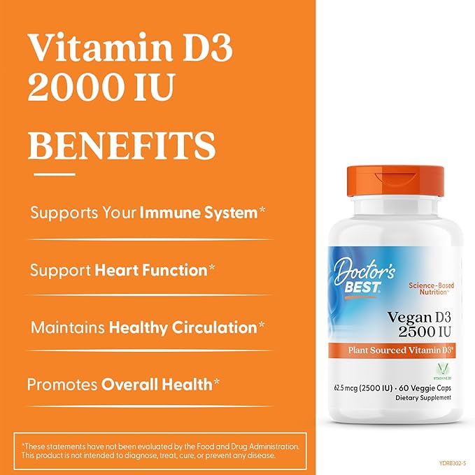 Doctors Best Vegan D3 2500 IU (Vitashine), Plant Sourced Vitamin D3, Non-GMO, Gluten Free, Soy Free, Vegan 60 Veggie Caps
