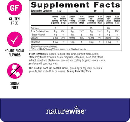 NatureWise Kids Melatonin 1 mg Sugar-Free Gummies for Children Ages 4 & Up - Non-Habit Forming Sleep Aid - Strawberry Flavored - Vegan, No Gluten, Non-GMO - 180 Count[6-Month Supply]