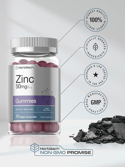 Horbäach Zinc 50mg | 70 Gummies | Mixed Berry Flavor | Vegan, Non-GMO and Gluten Free Formula | Zinc Citrate Dietary Supplement